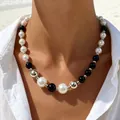 Collar de perlas de moda hecho a mano con cuentas negras y esferas de plata en modelo - Estilo de color mixto de perlas negro y plateado (32785-nek-bw-EP)
