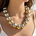 Gargantilla llamativa con grandes bolas metálicas bicolores oro y plata para mujer - Estilo de empalme de cuentas redondas de oro y plata (32937-nek-gs-EP)