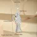 Detailed view of the Santa Muerte reaper pendant necklace with inlaid AAA+ zircons - Figaro Chain Style (XL148) / Silver And White Zircon