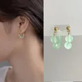 Vintage French style light green bead drop earrings for women with gold-tone studs - Light Green Natural Stone Hoop Earrings / Light Green