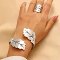 Elegant adjustable silver leaf design metal bracelet and ring jewelry set for women - Bracelet and Ring Set in Silver (1156+WG-0949)