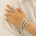 Minimalist silver wavy geometric metal bracelet and ring set adjustable for women - Bangle & Ring Set in Steel Color (4328+H-76)