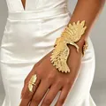 Niche swan-wing gold bracelet and ring set with adjustable open design for women. - Bangle & Ring Set in Gold Color 11663