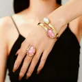 Elegant gold geometry metal bracelet and ring set with pink irregular resin stone - Bangle & Ring Set in Gold Color (G-561+ 0323)