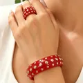 Red jewelry set with silver studs, including matching chunky bracelet and ring - Bangle & Ring Set (2643+4158)