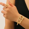 Chic geometric gold metal bracelet and adjustable open ring set for women - Bangle & Ring Set (0269+8997)