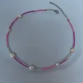 Close-up of bohemian necklace with pink seed beads and irregular freshwater pearls - Short Choker Length / White Pink Purple