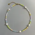 Detail of Bohemian colorful seed bead necklace with natural irregular freshwater pearls - Short Choker Length / Green Yellow Purple