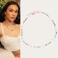 Vibrant bohemian rainbow seed bead necklace with white irregular freshwater pearls. - Short Choker Length / Rainbow