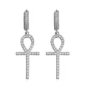 Hiphop style S925 silver Ankh cross dangle earrings fully paved with clear cubic zirconia - Pair (Ankh Cross Style 3) / 925 Silver / Silver