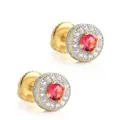 Hiphop round stud earrings featuring a red center stone and pavé cubic zirconia - Pair (Ruby Style 6) / 925 Silver / Ruby Red
