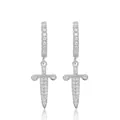 Exquisite silver dagger hoop earrings fully paved with white cubic zirconia stones in hiphop style - Pair (Dagger Style 7) / 925 Silver / Silver