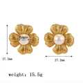 18K gold plated stainless steel flower earrings with pearl center and dimensions - Artificial Pearl Flower Studs (XKE0488)
