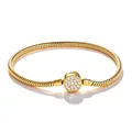 Close-up view of gold-plated snake chain bracelet with sparkling crystal pave round clasp - 15cm / Round Buckle Style / Gold