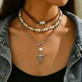 Western style layered necklace set with bull head pendant and white faux turquoise beads. - Bull Head and White Turquoise (23)