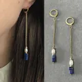 Eleganti orecchini a catena oro con perla d'acqua dolce e perline blu lapislazzuli - Stile Catena con Perline in Pietra Naturale