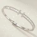 Elegant silver-toned luxury bangle with double-T motif and baguette-cut zircon stones - Silver H-Shape Bangle BS-J5626S