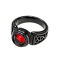 Detailed view of vintage black titanium steel ring for men with a vibrant red gemstone. - Size 7 / Black With Red Rhinestone
