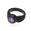 Detail view of a black titanium steel men's ring with a round purple gemstone. - Size 7 / Black (Purple Rhinestone)