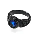 Detailed macro view of vintage men's titanium steel ring with a large blue gemstone - Size 7 / Black With Blue Rhinestone