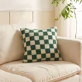 Cozy green and white checkerboard Sherpa fleece square pillow cover for home decor - 45x45 with 400g Core / Green