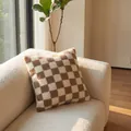 Checkered Sherpa fleece cushion cover in brown and white for sofa decoration - Camel