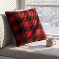 Red and black checkered lamb fleece pillowcase on a cozy window seat with winter view - Red and Black Large Plaid