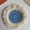 Set de table rond en coton et lin de style ethnique avec motif mandala bleu et franges - Dessous de Verre Floral Bleu Mer 17cm Style 6 / 17cm