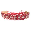 Red bohemian style leather tie-up belt featuring decorative silver metal circular disks - Shiny Silver & Bright Red