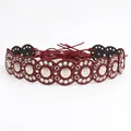 Bohemian burgundy leather waist belt featuring metal rivets and elegant tied straps - Bright Silver Wine Red