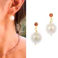 Eleganti orecchini pendenti con perle d'acqua dolce e gemma rosa, placcati oro 18K - Taglia unica / Orecchini con singola perla grande (Modello A)