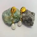 Vintage gouden hangende oorbellen met natuursteen kralen en zoetwaterparels set - Franse stijl vierkante natuursteen oorbellen B / Goud/Lichtgroen