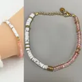 Elegante pulsera de piedras naturales con mármol blanco y cuentas cuadradas rosa traslúcido - Pulsera de mezcla blanca y rosa