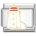 Italian link charm with lighthouse motif in enamel for DIY modular bracelets. - White Tower Gold Trim (0636)