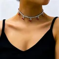 Elegant red cherry rhinestone choker necklace worn by model - Rhinestone Cherry Necklace Style (12403) / Silver
