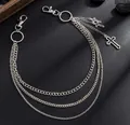 Silver Harajuku punk street style multi-layer pant chain with cross pendants and metal clasps - Cross Pendant Style / Silver