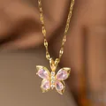 Élégant collier pendentif papillon avec cristaux roses et chaîne dorée pour femme - Papillon (9101)