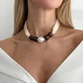 Elegant fabric scarf choker necklace with dark wooden beads and a large central white pearl - White K Choker Necklace (7553) / Off White