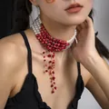 Elegant gothic pearl choker featuring red blood drip tassels for creative Halloween costume - Gothic Blood Drip Tassel Choker (5380K1)