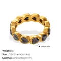 Bague en acier inoxydable doré avec zircons noirs en forme de cœur, anneau non ajustable - US 6 / Style Cœur Zircon Noir