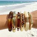 Bohemian acrylic and gold metal bracelet set with leopard print and bamboo design. - Leopard/Amber/Creamy White 6-Piece Set (32790)