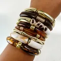 Chunky bohemian acrylic bracelet set with tortoise shell pattern and gold-tone beads - Amber/Leopard/Gold/White Patchwork Multi-Layer Set (32888)