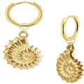 Elegant gold-plated brass hoop earrings with detailed spiral seashell pendants - Conch Shape Earrings (e486) / 14k / 1 Pair (2 Pieces) / Gold