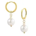Elegant gold plated brass hoop earrings with white round dangling pearls for stylish women - Artificial Pearl Style Earrings (e486) / 14k / 1 Pair (2 Pieces) / Gold
