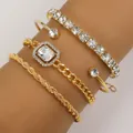 Bohemian 4-piece gold-colored bracelet set featuring sparkling crystal accents for women - Gold Tennis Chain Bangle Heart Rectangle Stone (5869301)