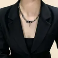 Unisex punk street style chunky chain choker with silver cross pendant in black - Punk Black Gemstone Four-Pointed Star Necklace (5690)