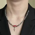 Dark punk style street choker with red accent and cross pendant for men and women Y2K jewelry - Punk Red Rhinestone Cross Necklace (7033)
