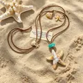 Bohemian starfish pendant necklace with sea shells and turquoise bead on brown PU cord - 01 Starfish Pendant (2272)
