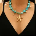 Vintage Bohemian turquoise stone necklace with gold starfish and sea shell pendants - KC Gold Gravel (5184)