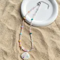Bohemian colorful beaded necklace with iridescent seashell and starfish charms for summer. - 02 White (WG-1013)